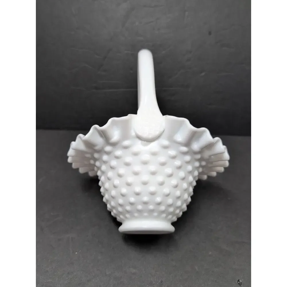 Vintage Fenton Art Glass Milk Glass Hobnail Crimped Basket Candy Dish Handle